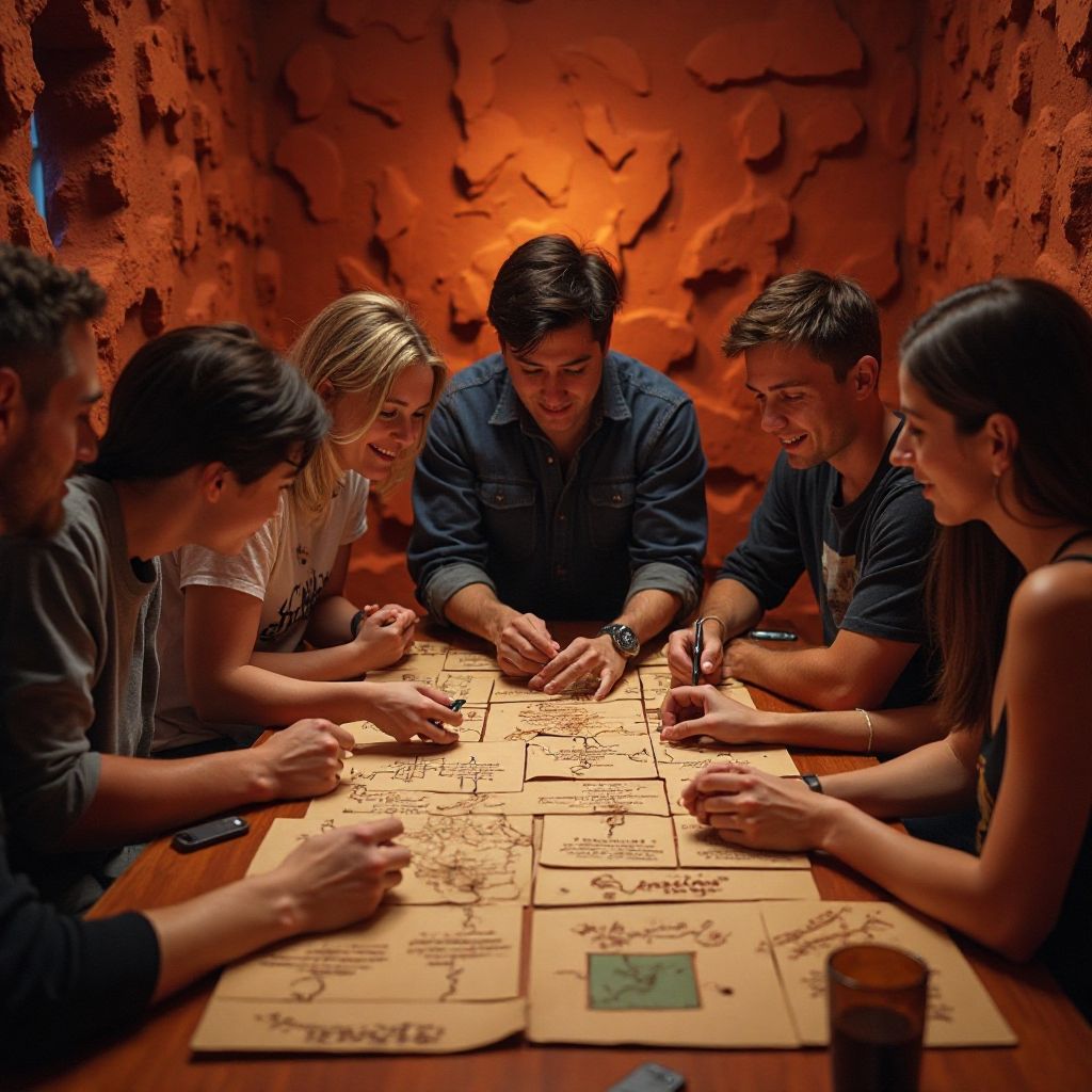 Team solving puzzles in Australian outback themed escape room