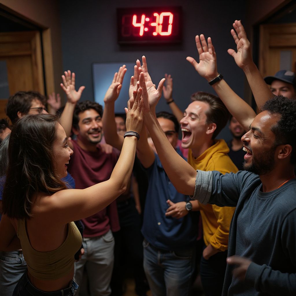 Excited group celebrating successful escape room completion