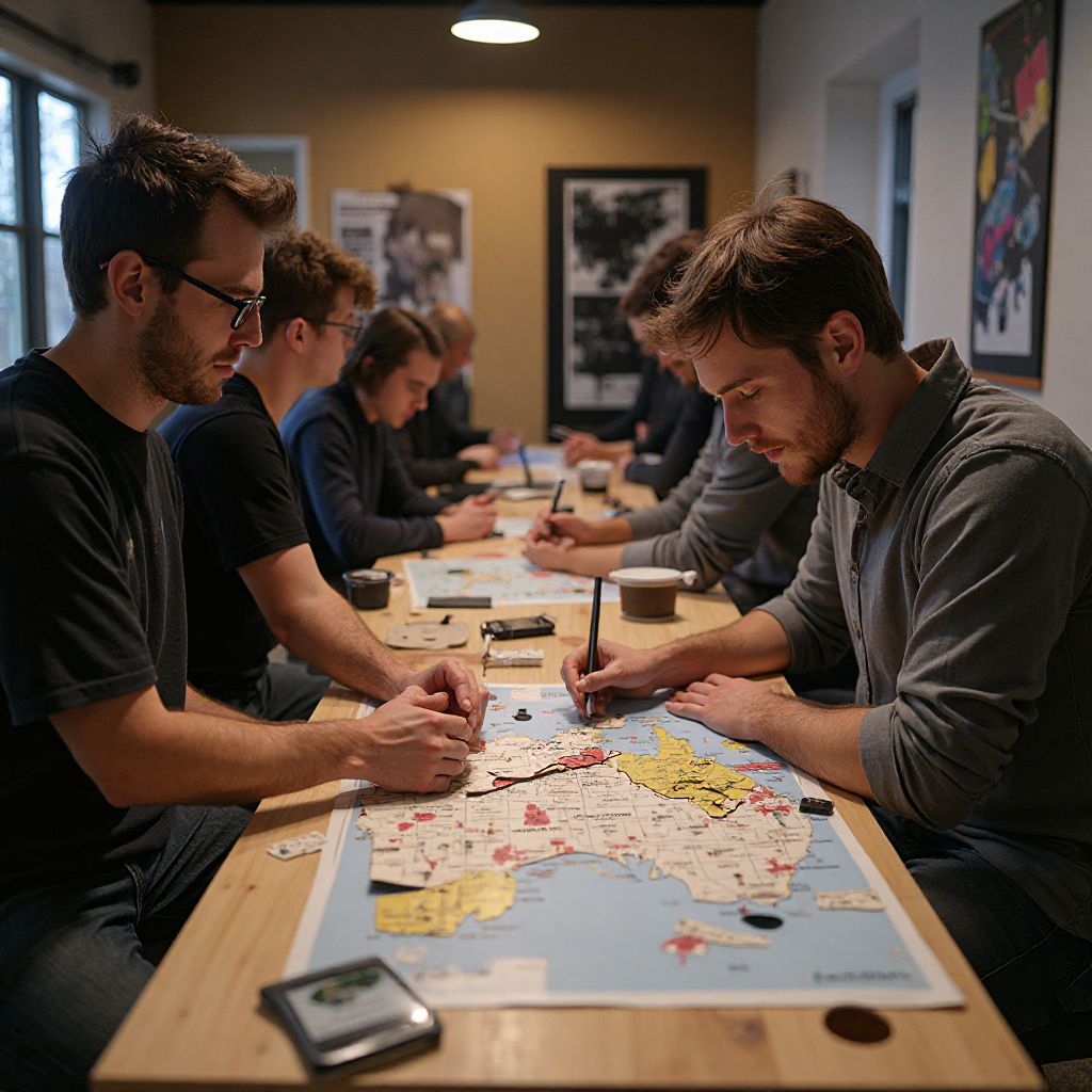 Team of escape room designers collaborating on puzzle elements